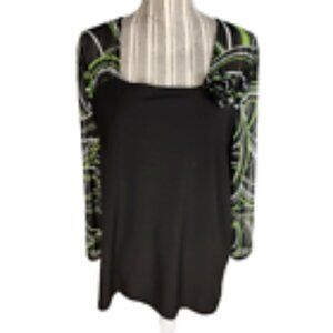 Susan Lawrence Black Green White Sheer Sleeves 3/4 Sleeve Top Plus Size 2X